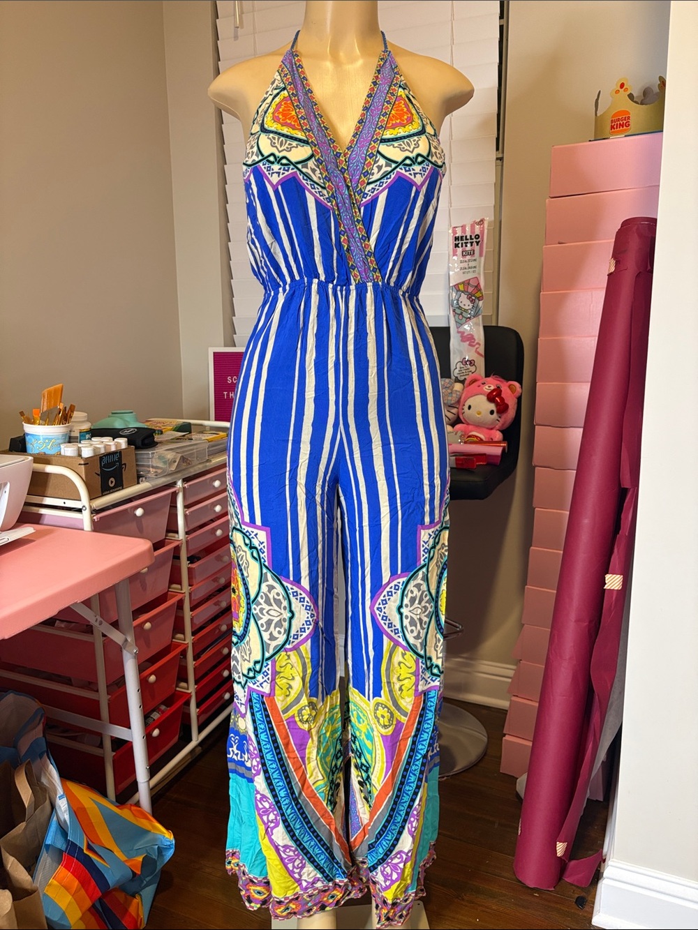 Flying Tomato Blue Striped Halter Jumpsuit with Multicolor Accents